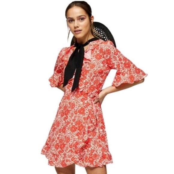 Topshop Womens Wrap Mini Dress 8 ruffle Red Floral Flutter Sleeve Feminine Boho - Picture 8 of 9